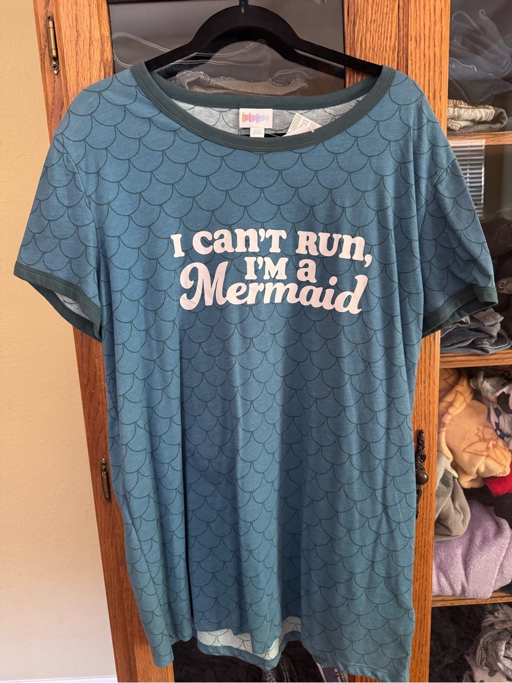 LuLaRoe Blue Scallop Print Top with Dark Trim